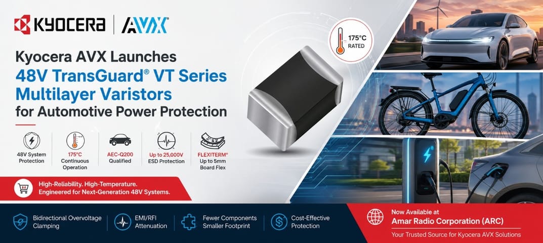 Kyocera AVX Launches 48V TransGuard® VT Series Multilayer Varistors for Automotive Power Protection